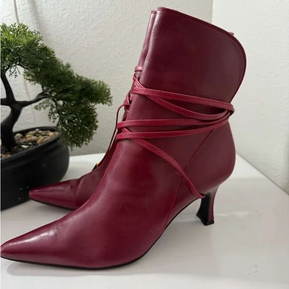 Versace Burgundy Leather Heeled Boots - Picture 1 of 12